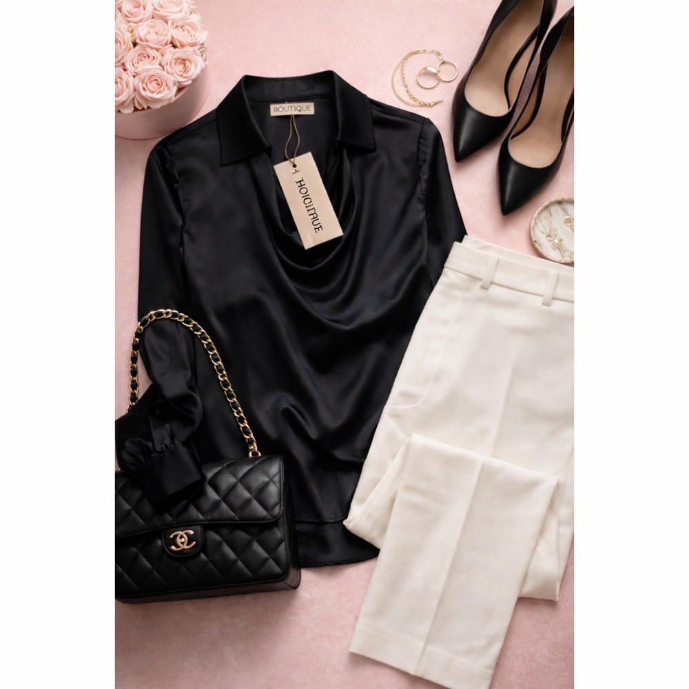 Black Satin Luxe Collared Top with V Neck Draping - Picture 2 of 3